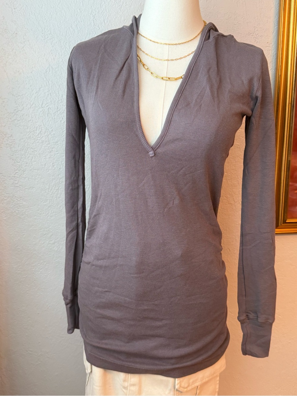 227~Soft! LA made Cotton ~ Modal Slate Gray Long Sleeve V-Neck Hooded Top Sz Med